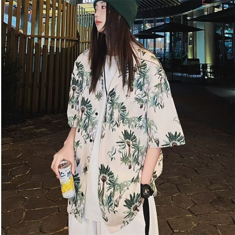 夏季日系碎花短袖衬衫复古青少年夏威夷男女同款沙滩衬衣 C123图片