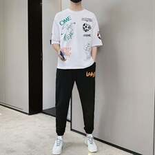 2024夏季潮流时尚T恤男装青少年宽松休闲ins圆领套装F306P68，男装休闲套装，电商A086