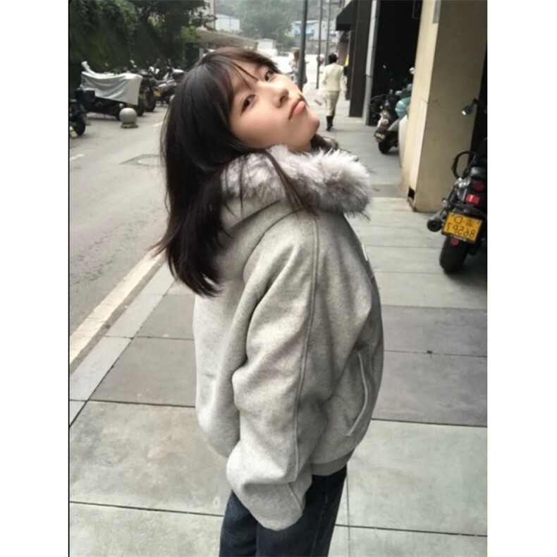 1506-1/W78861/P99大毛领连帽棉服男女冬季美式拼接毛呢外套图片