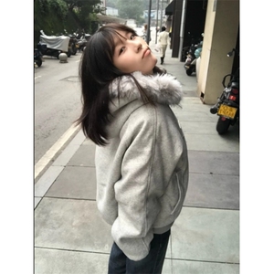 1506-1/W78861/P99大毛领连帽棉服男女冬季美式拼接毛呢外套图片