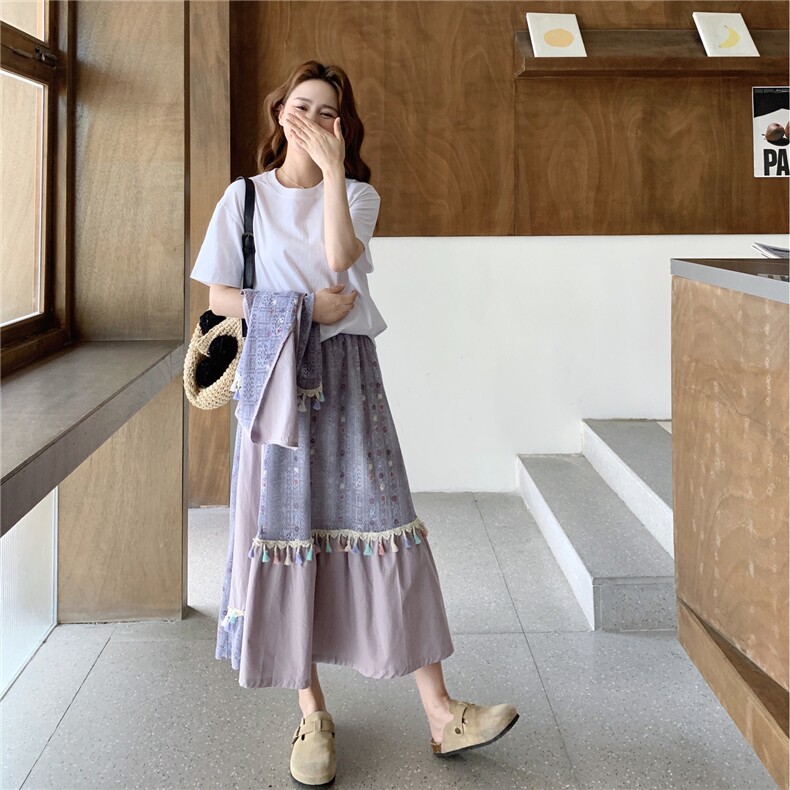 紫色巨好看流苏马甲套装裙女2025夏季新款设计感T恤半身裙三件套,女装套装/套裙,2C317