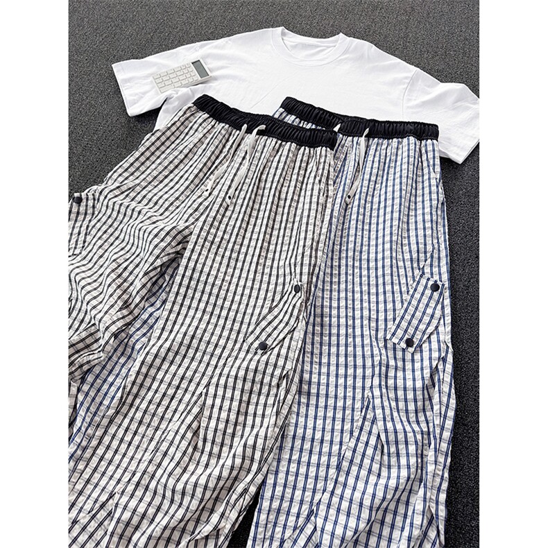 K5051/P40夏季薄款透气凉感格子裤男女同款垂感褶皱休闲裤长裤子,男装休闲裤,电商A141