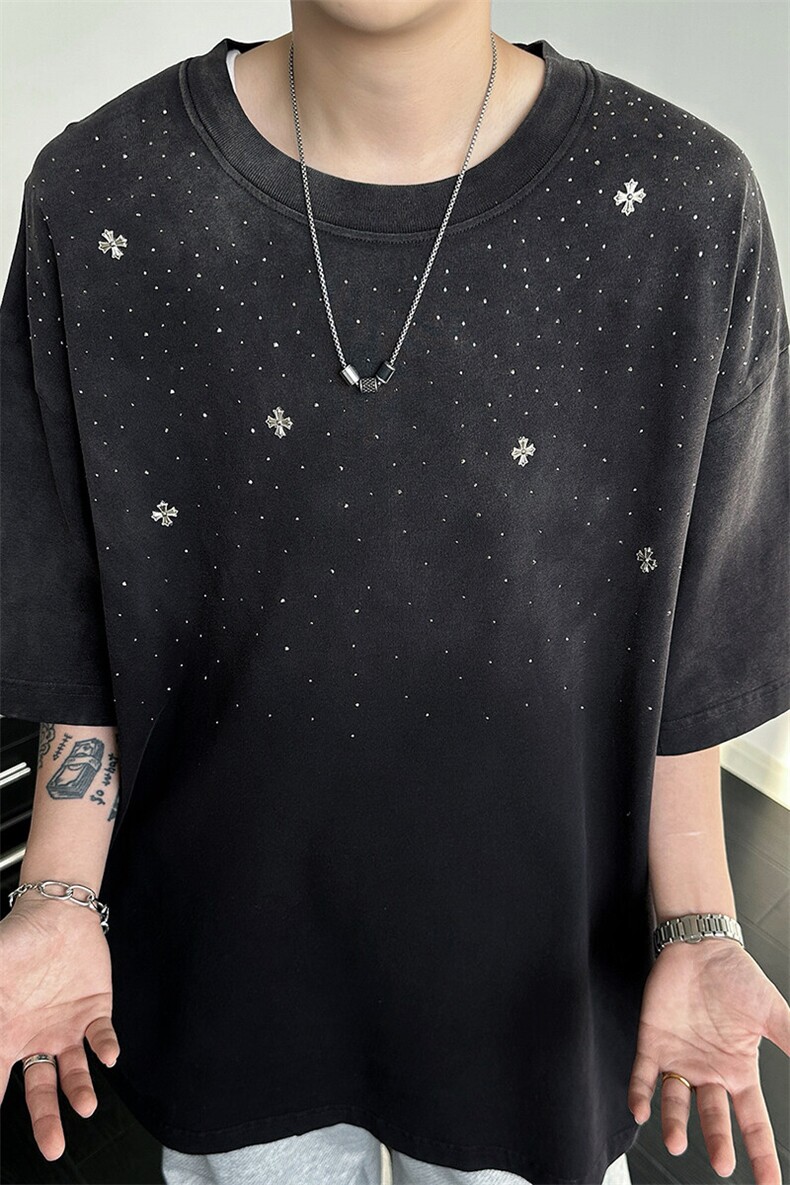 8XL-M满天星轻奢烫钻宽松版落肩纯棉短袖T恤新款夏百搭上衣DX337,男装T恤,电商D206-1