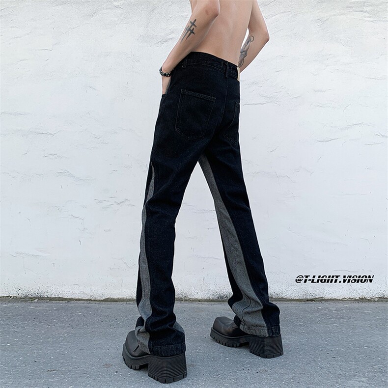 B221美式ins高街小众情侣个性款拼接微喇牛仔裤LK23095-P65控88,男装牛仔裤,电商B221