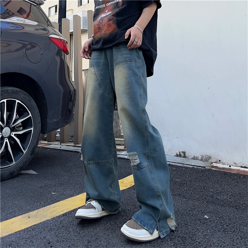 美式破洞黄泥染撞色牛仔裤男宽松直筒高街阔腿嘻哈长裤N002-P45,男装牛仔裤,星座308B-1