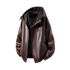 立体白底连帽鳄鱼纹PU皮衣大码M-5XL冲锋衣夹克男JK8744P90控128