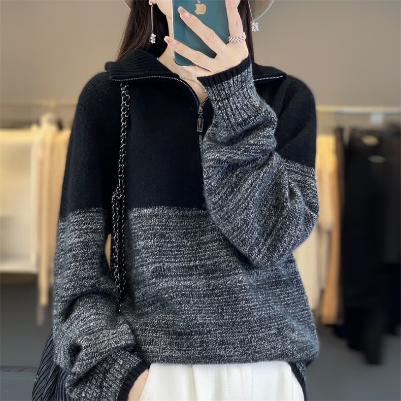 2025年秋季时尚百搭通勤简约休闲半拉链拼接羊毛衫,女装羊毛衫,丽特绒