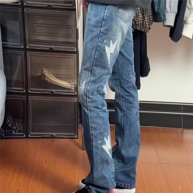 美式解构拼接双腰头破坏牛仔裤男女cleanfit直筒显瘦情侣微喇裤子,男装牛仔裤,星座506A