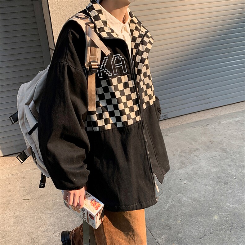 春秋季新款格子拼接立领夹克潮牌宽松休闲百搭夹克外套,男装夹克,星座410-7