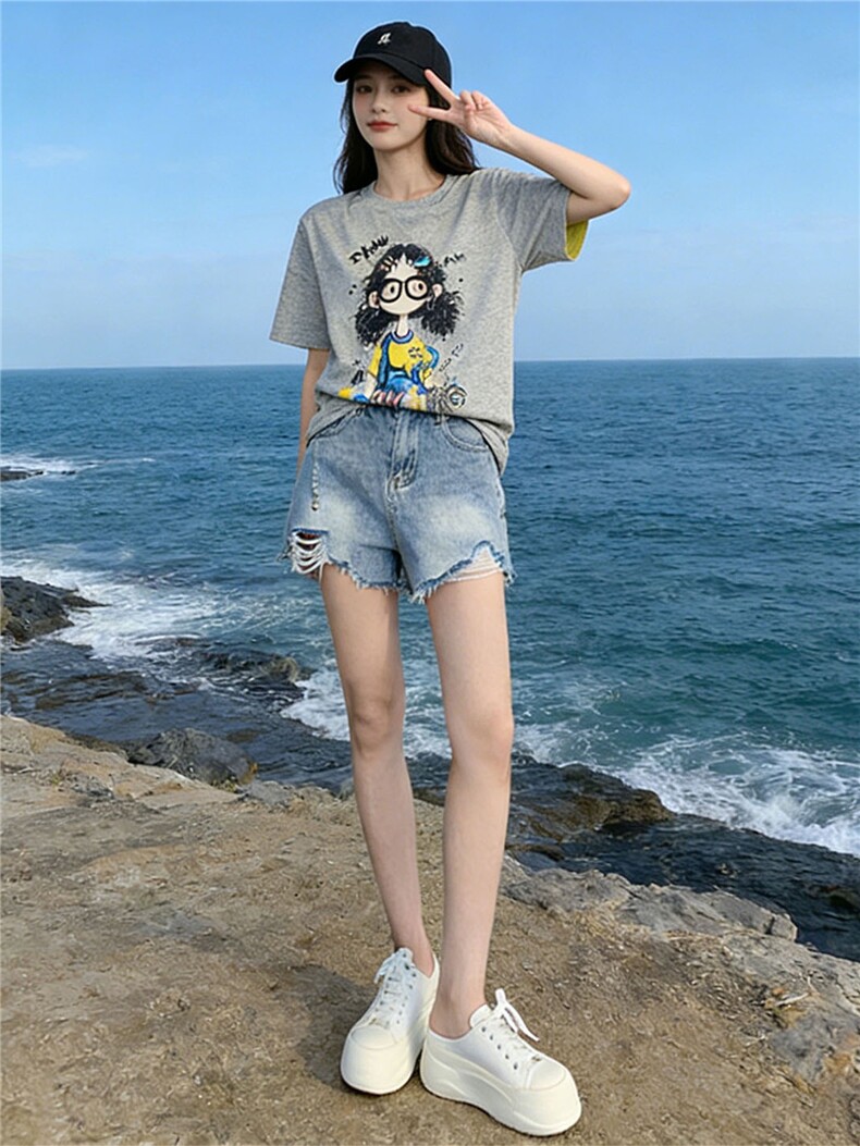 潮流休闲时尚运动套装女夏季新款圆领印花刺绣上衣牛仔短裤两件套,女装套装/套裙,江南