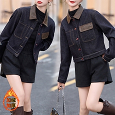 安可拉红牛仔外套女高级感撞色上衣2024秋冬加绒加厚PU皮拼接夹克，女装牛仔外套，潮流依族