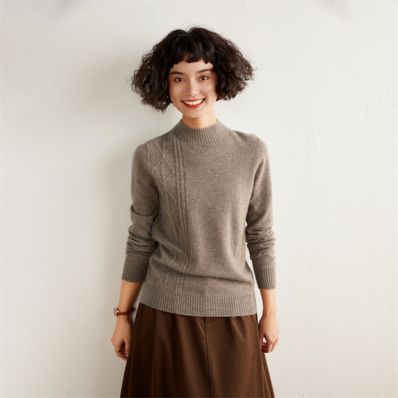 秋冬季新款舒适时尚百搭一线平面扭花半高领羊绒衫，女装羊绒衫，雅之冉羊绒