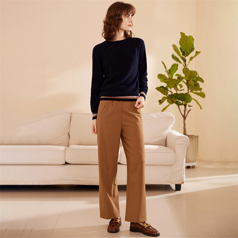 2025春秋新款羊绒衫女100山羊绒圆领撞色针织打底衫时尚百搭上衣，女装羊绒衫，绒歆坊