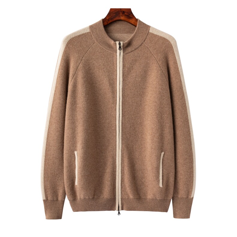 2025年秋季新款百搭七针双股虚提双色开衫，男装羊绒套衫，台绒羊绒