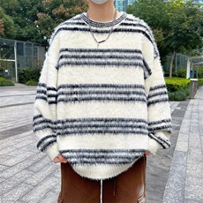 B428P48水貂绒条纹圆领毛衣季韩系潮牌宽松慵懒风情侣，男装针织衫/毛衣，星座512-6