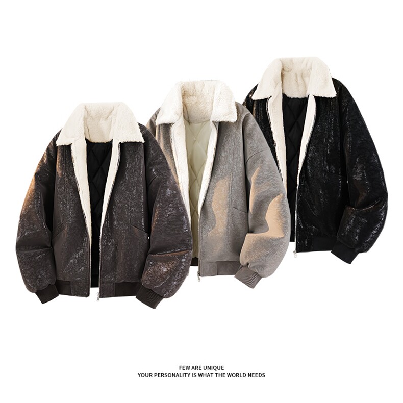 蛇纹亮面棉服加厚毛领美式休闲夹克皮衣男D51221-TP80158，男装夹克，电商A102