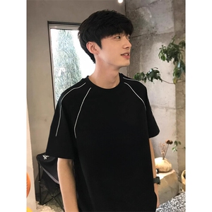 抖音得物二开240克宽松纯棉美式高街夜光反光工艺辑线短袖T恤图片