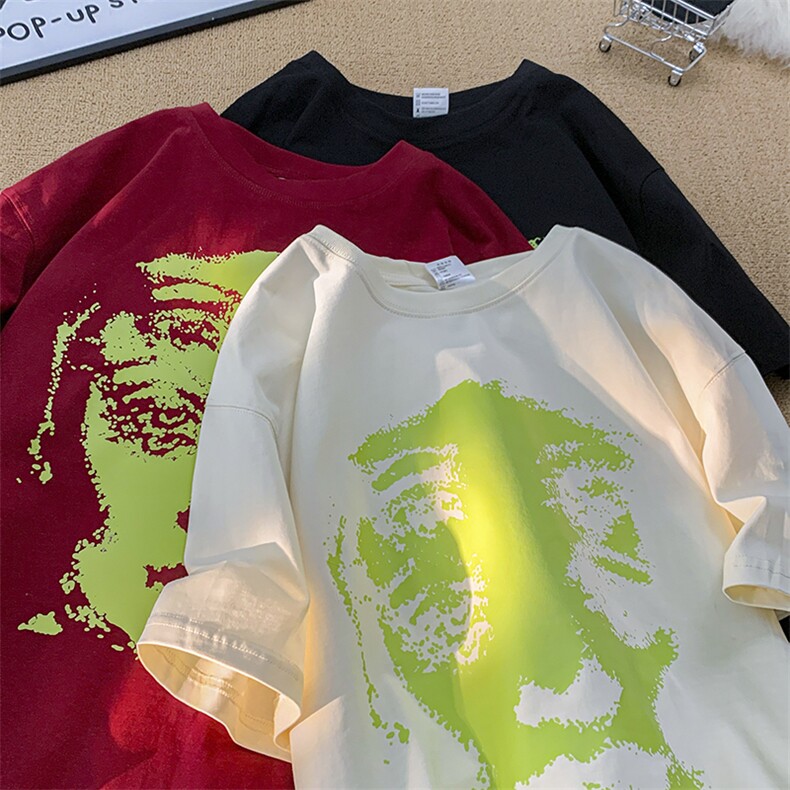 M357-P25荧光绿人像复古创意印花纯棉T恤2025春夏款男女个性短袖,女装T恤,星座617A-2