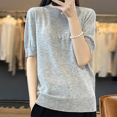 短袖针织衫女薄款夏短款宽松外穿上衣纯色半袖打底小衫，女装T恤，越洋羊