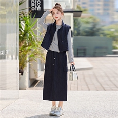 牛仔马甲半身裙套装女2026新款早春一整套穿搭条纹上衣裙子三件套，女装套装/套裙，浙宝029