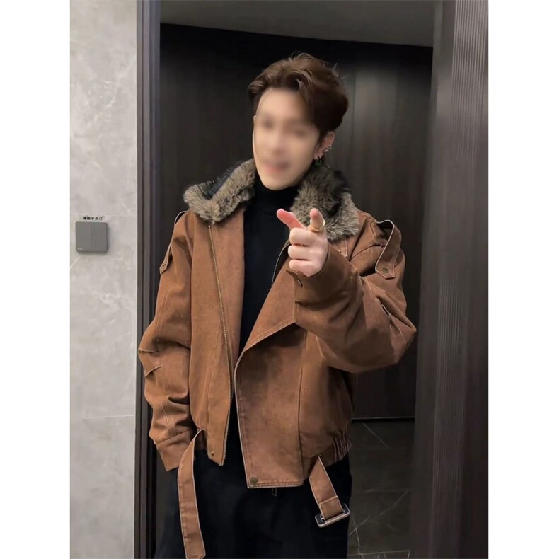 美式复古咖色工装牛仔棉衣外套冬季潮牌座山雕毛领棉服MF666P165，男装棉衣，电商D256A(原A064A)