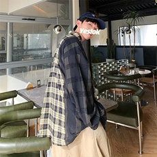 2025秋美式复古拼接格子长袖衬衫男女潮牌情侣衬衫C09，男装衬衫，星座1108