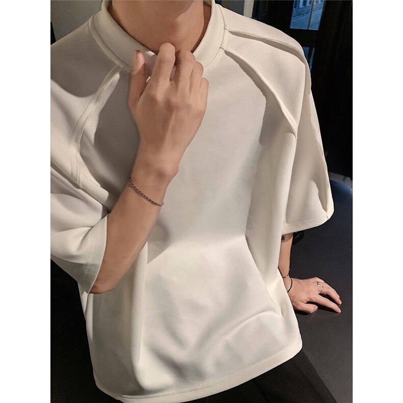 图潮流七分袖半高领小众设计感蝙蝠袖夏季纯色短袖T恤男士P33图片