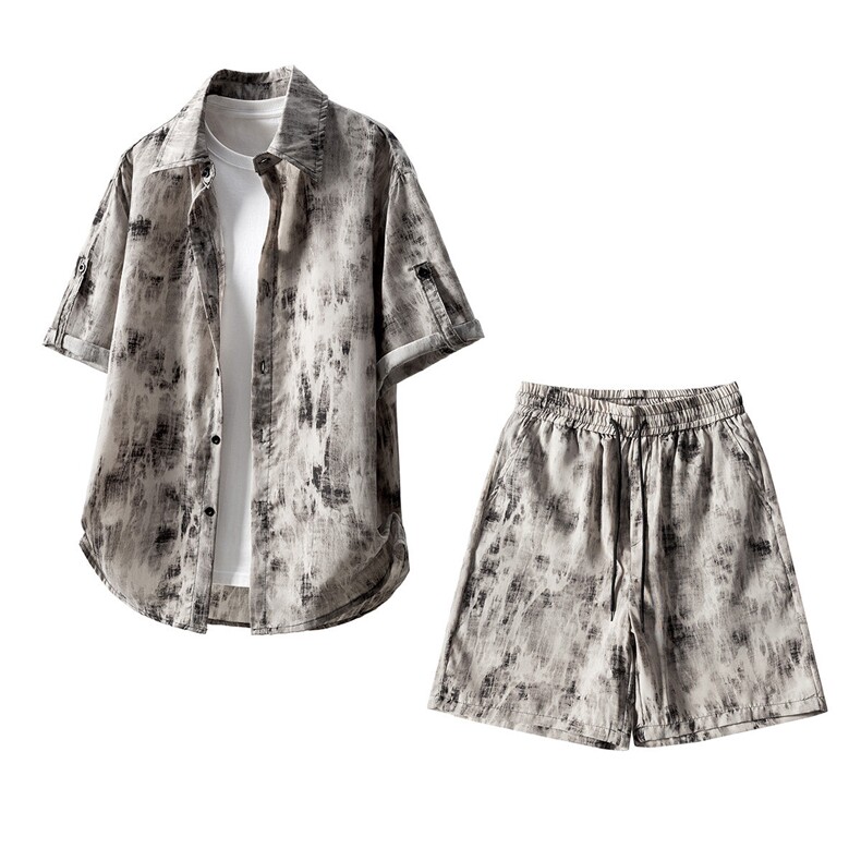 1短袖衬衫男+短裤男套装男聚酯纤维M-5XL大码TZ78717P50控98，男装休闲套装，星座227-7