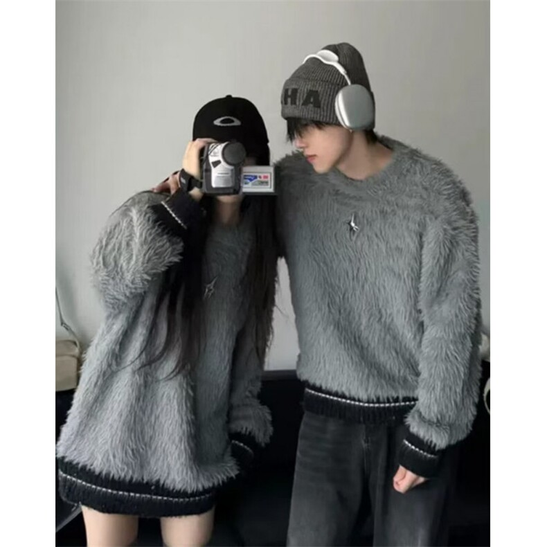 小众防貂毛毛衣拼色宽松金属设计针织衫男简约高级上衣潮T907-P80图片