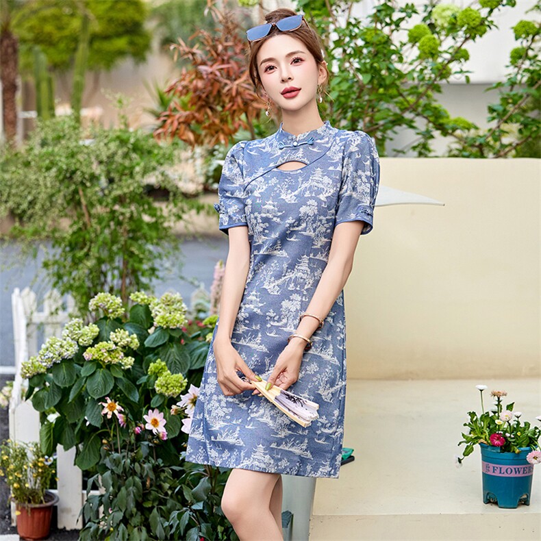 新中式风连衣裙女夏改良旗袍2025年新款高端小个子修身短款裙子,女装连衣裙,依多米