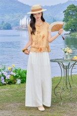 现货2026年夏季新中式人丝上衣麻料阔腿裤子，可分开卖，女装套装/套裙，伊仟回