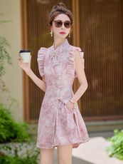 夏季新款2025重工镶钻盘扣印花套装女气质洋气优雅两件套套裤，女装套装/套裙，涵墨