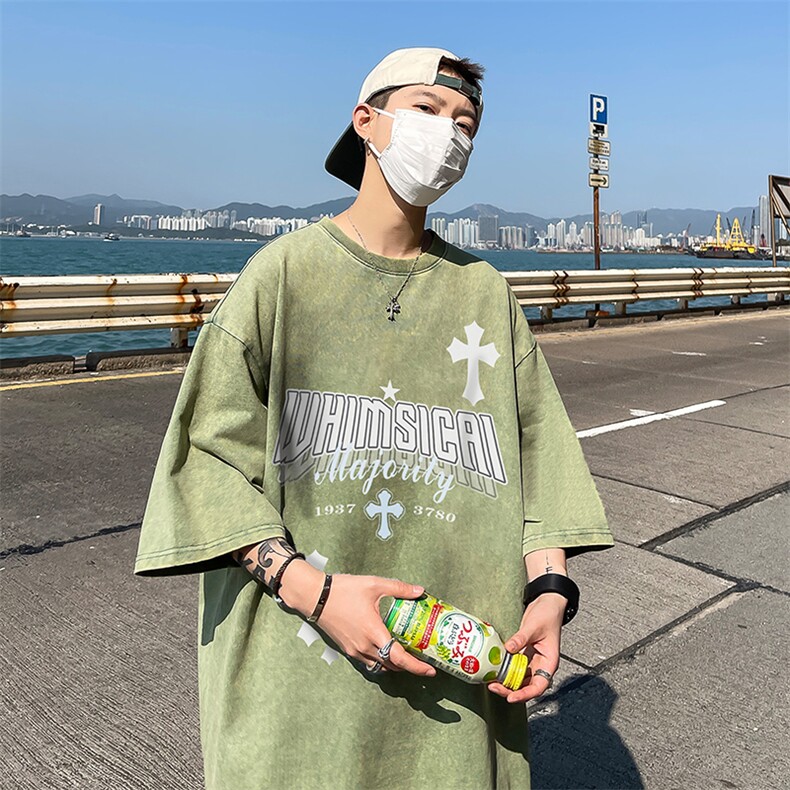 B239-1133-P38美式十字架字母印花复古水洗做旧落肩袖短袖T恤,男装T恤,星座514-2(原B239)