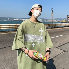 B239-1133-P38美式十字架字母印花复古水洗做旧落肩袖短袖T恤，男装T恤，星座514-2(原B239)