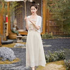 新中式国风禅意女装2025夏季宋制改良汉服元素吊带连衣裙开衫套装，女装套装/套裙，天丽