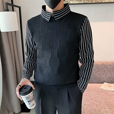 衬衫领毛衣男士秋冬季条纹假两件针织衫男潮痞帅长袖衣服M846，男装针织衫/毛衣，星座1116A-2（原606A-1）