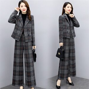 2024新款女装冬两件套裤大码格子毛呢外套阔腿裤休闲时尚套装女潮,女装套装/套裙,香莘料