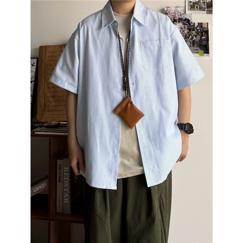 日系条纹衬衫短袖男女夏季新款宽松休闲男生衬衣外套CDA03-P28,男装T恤,星座208-5