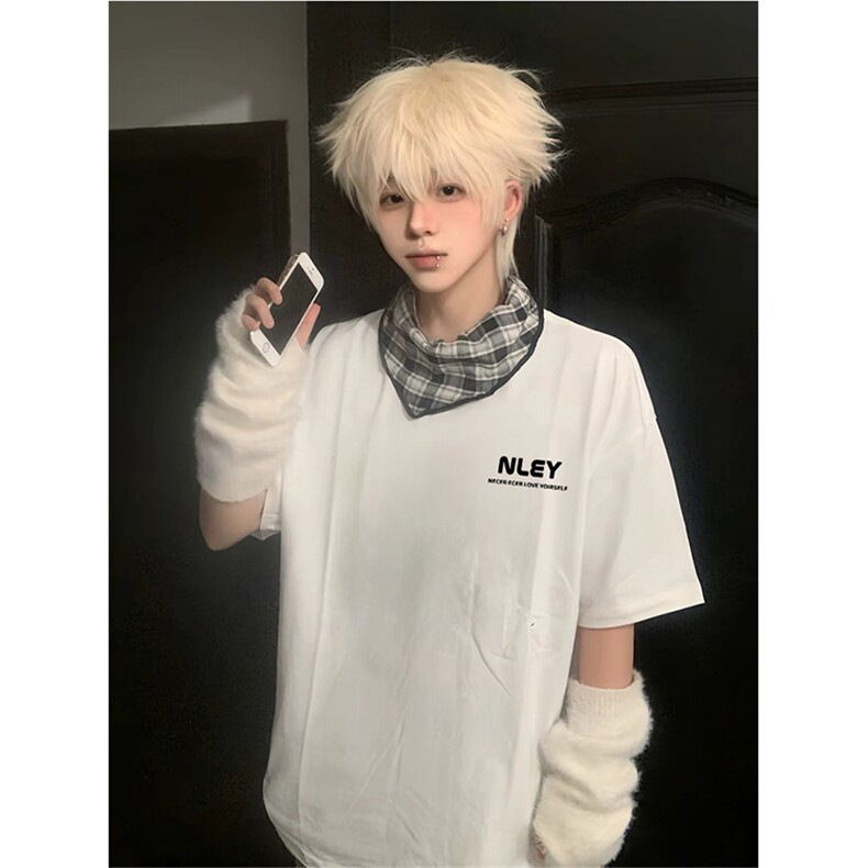 抖音得物供货210克现货宽松纯棉美式潮牌印花落肩袖纯棉T恤AT2141，男装T恤，电商A443