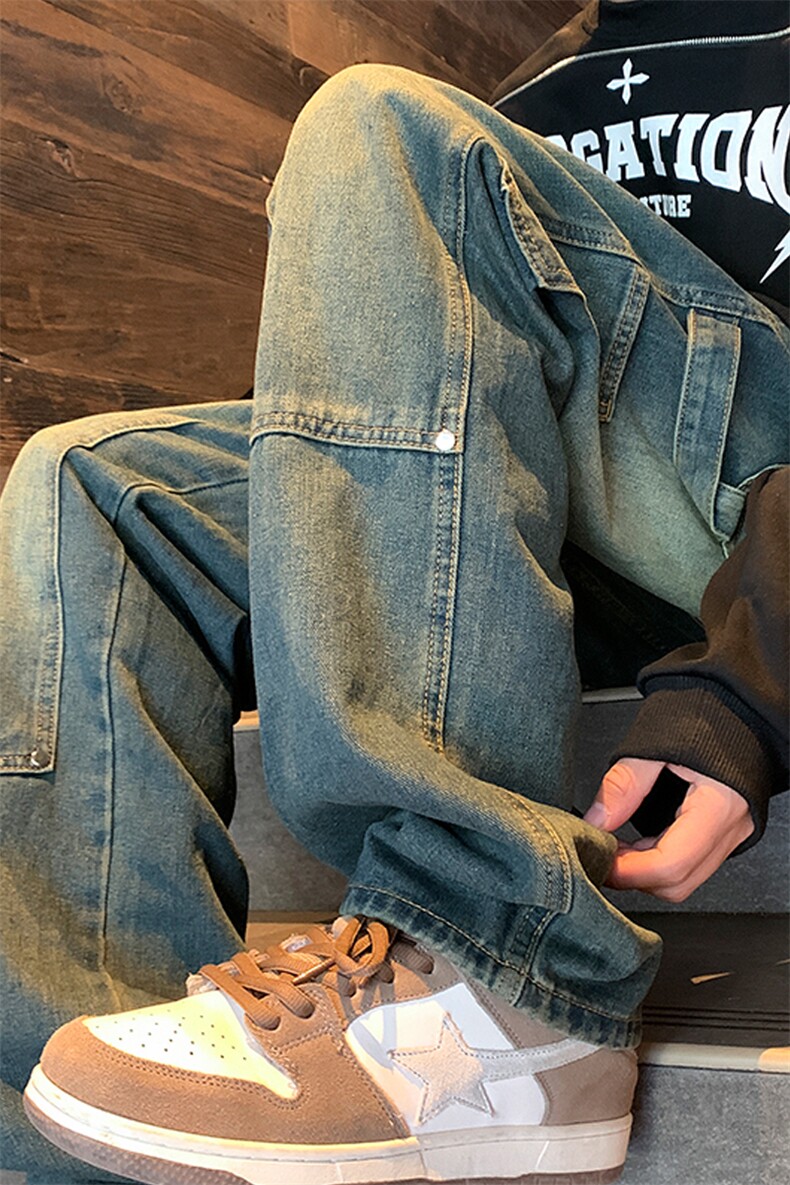 抖音现货稻草黄宽松牛仔裤男GK07-P55限价68,男装牛仔裤,星座310A-1