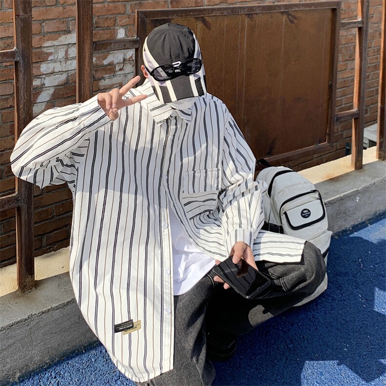 CS15-P40慵懒风宽松条纹长袖衬衫,男装衬衫,星座1501-1