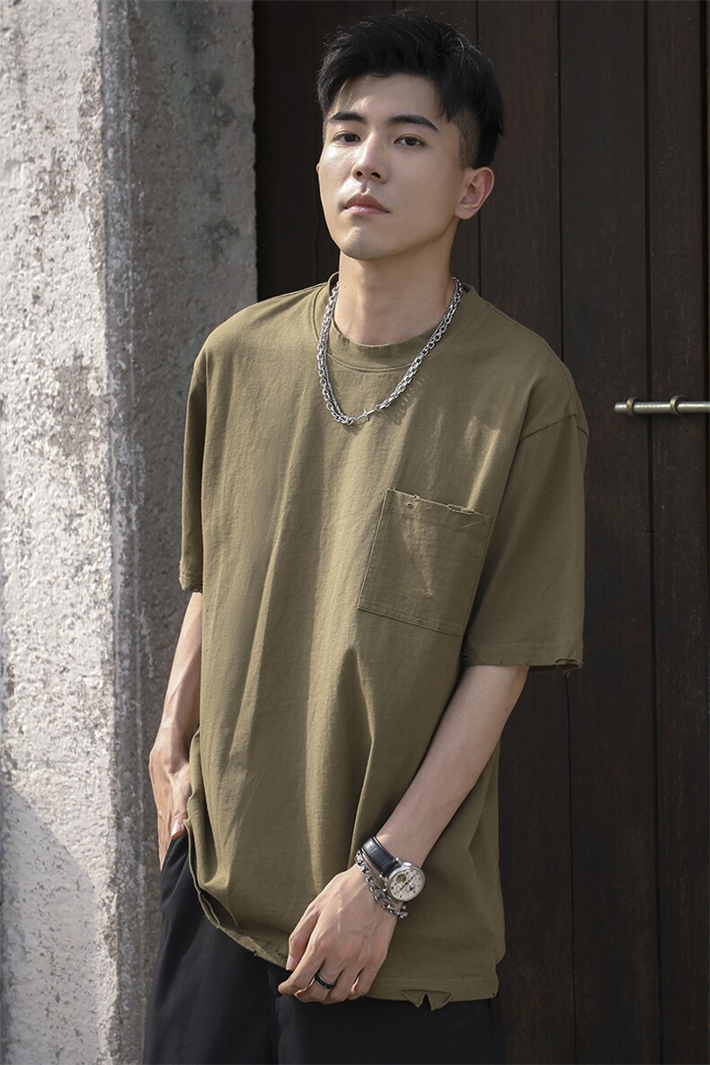 夏装日系大码休闲宽松破洞设计打底短袖T恤衫C309B-T78-P43-X59,男装T恤,电商C309B