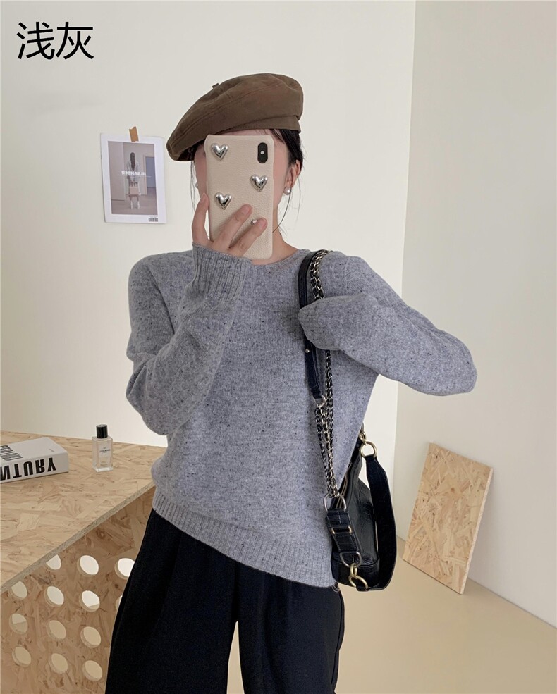 女士秋冬彩纱圆领打底衫纯色简约休闲舒适针织毛衣,针织衫/毛衣,牧思羊