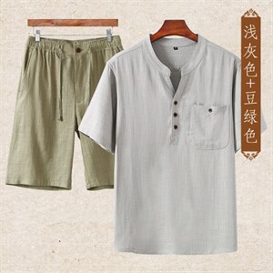 主推款高端夏季男士唐装中年棉麻套装中老年高品质亚麻短袖T恤图片