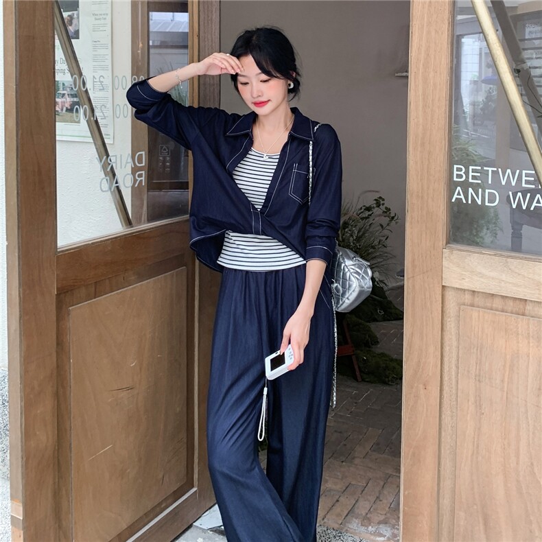 时髦松弛感牛仔蓝套装女2025秋季休闲风衬衫阔腿裤条纹背心三件套,女装套装/套裙,2C057