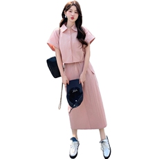 韩系粉色工装套装女夏2024新款冷淡风盐系套装裙两件套御姐炸街，女装套装/套裙，纯色衣恋