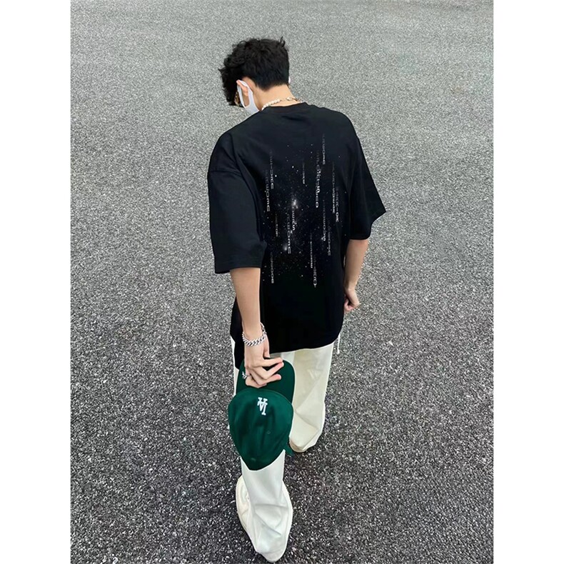 抖音得物供货210克现货宽松纯棉美式潮牌印花落肩袖纯棉T恤AT2173图片