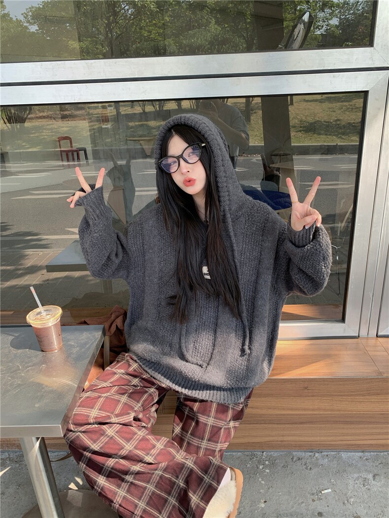 长袖上衣针织衫女设计感连帽提花打底衫女秋冬保暖毛衣,商品下架区,网红馆