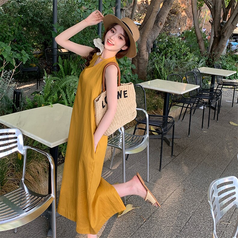 黄色简单大方的连衣裙女夏季2025新款宽松休闲松弛感无袖背心裙子,女装连衣裙,浙宝276（原081）