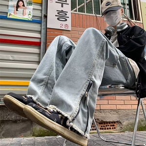 水洗毛边微喇牛仔裤男款美式复古潮流宽松直筒阔腿裤 K7552-P50图片